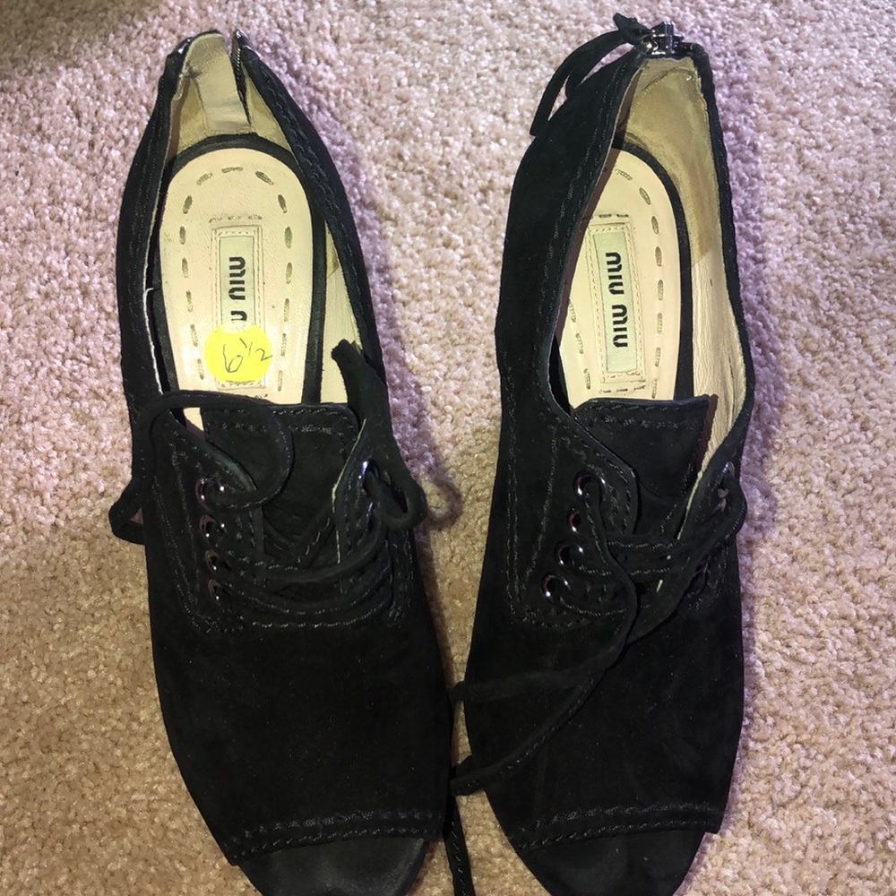 Suede peep toe tie wedge by Miu Miu. Size 61/2